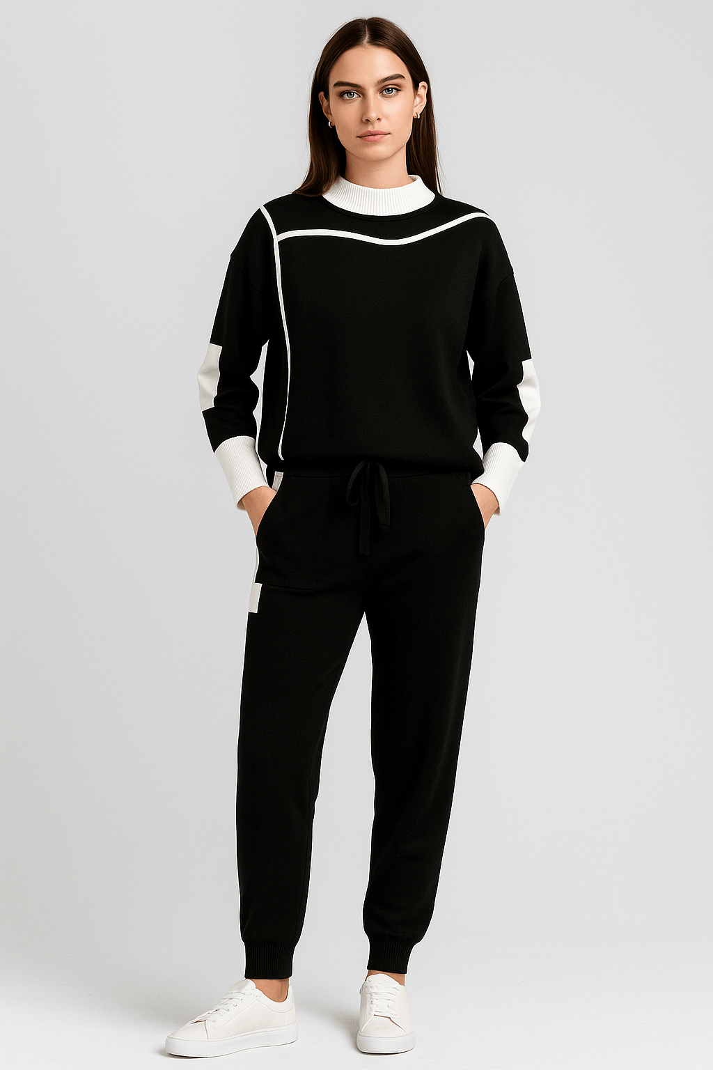Ensemble K-fashion sweat col contrasté pantalon coordonné bicolore - style coréen moderne - MAX FOR ME Noir / S MAX for ME
