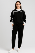 Ensemble K-fashion sweat col contrasté pantalon coordonné bicolore - style coréen moderne - MAX FOR ME Noir / S MAX for ME