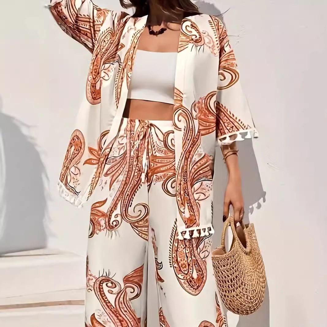 Ensemble kimono et pantalon imprimé - style bohème et polyvalent - MAX FOR ME Marron / S MAX FOR ME