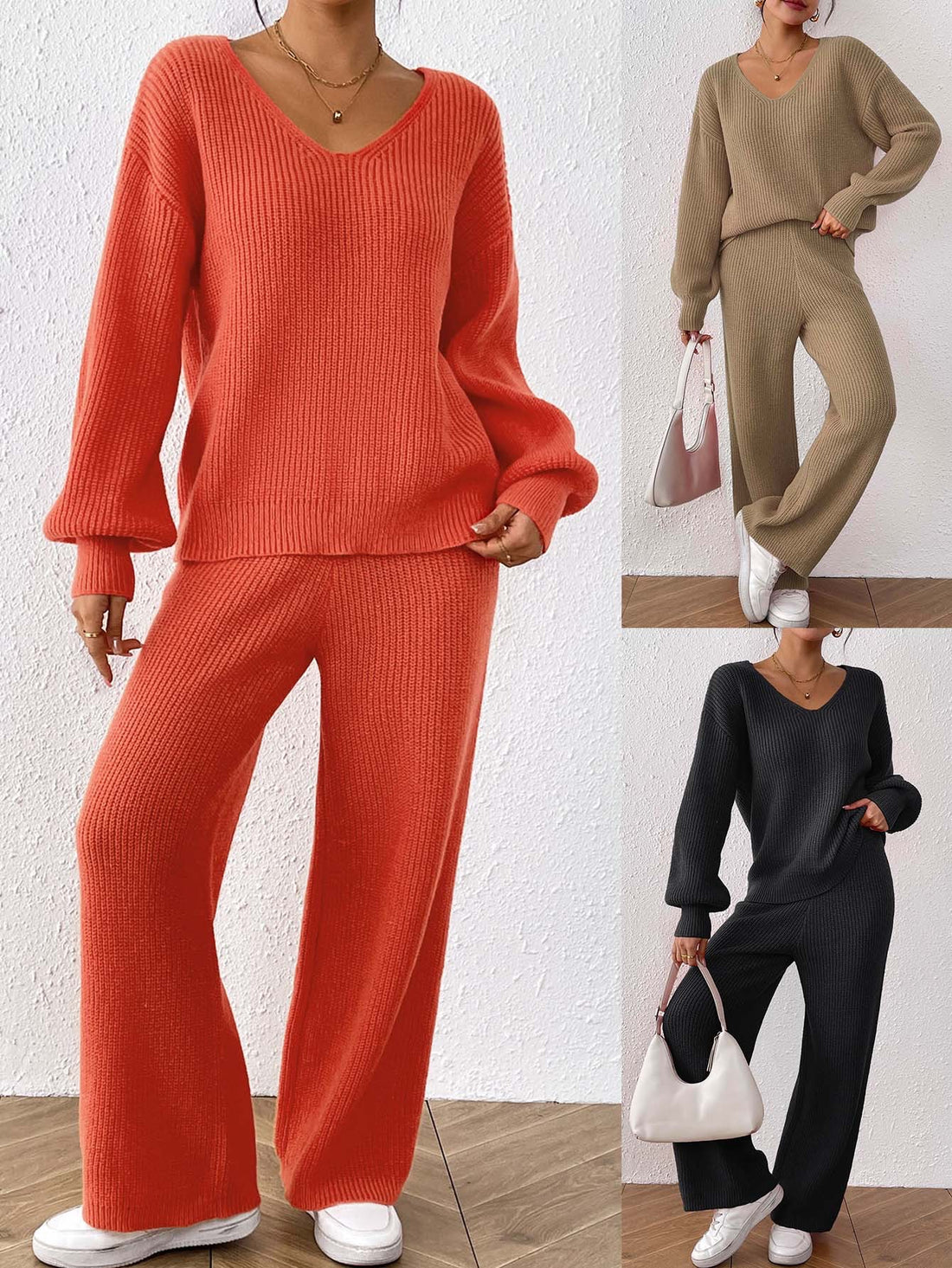 Ensemble maille femme orange pull col V pantalon large MAX FOR ME