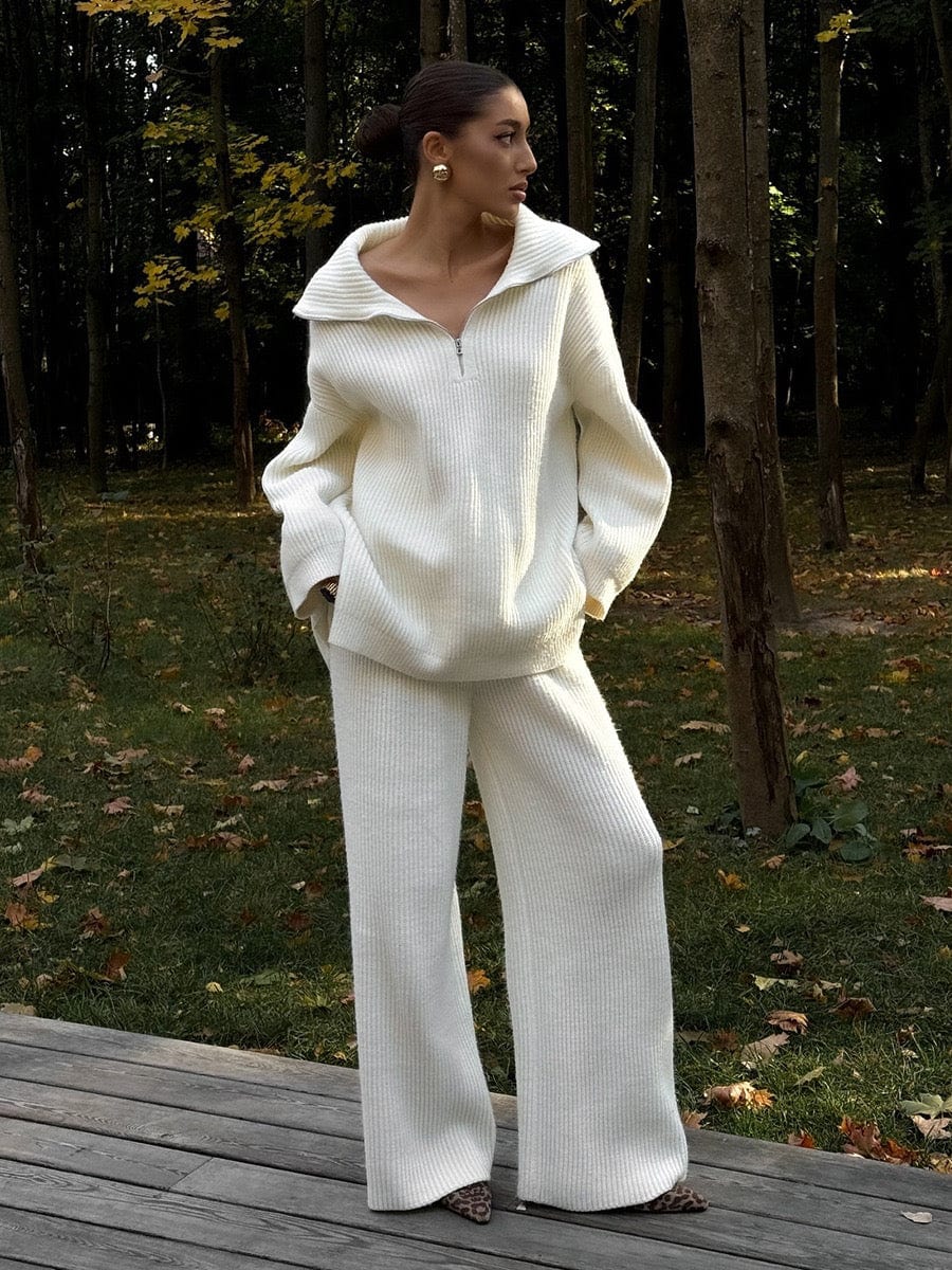 Ensemble maille pull zippée et pantalon large confort - MAX FOR ME Blanc / S MAX for ME