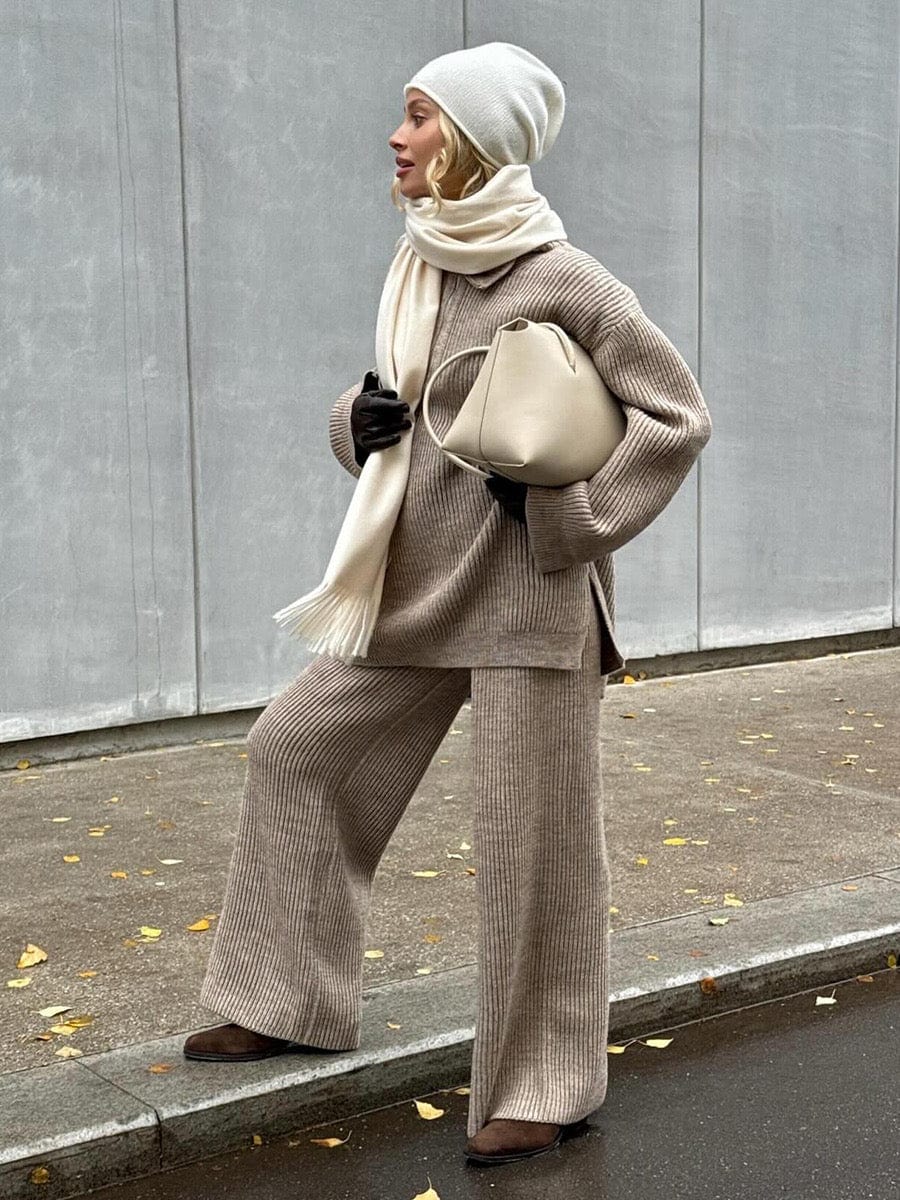 Ensemble maille pull zippée et pantalon large confort - MAX FOR ME Taupe / S MAX for ME