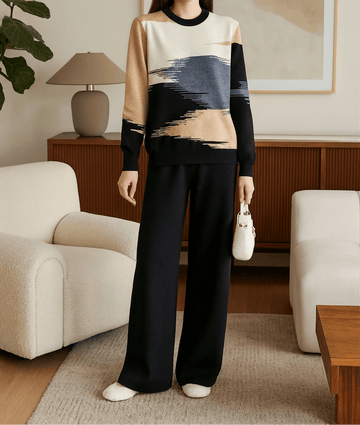 Ensemble motif abstrait pull artistique pantalon coordonné bicolore - créativité moderne sophistiquée - MAX FOR ME MAX for ME