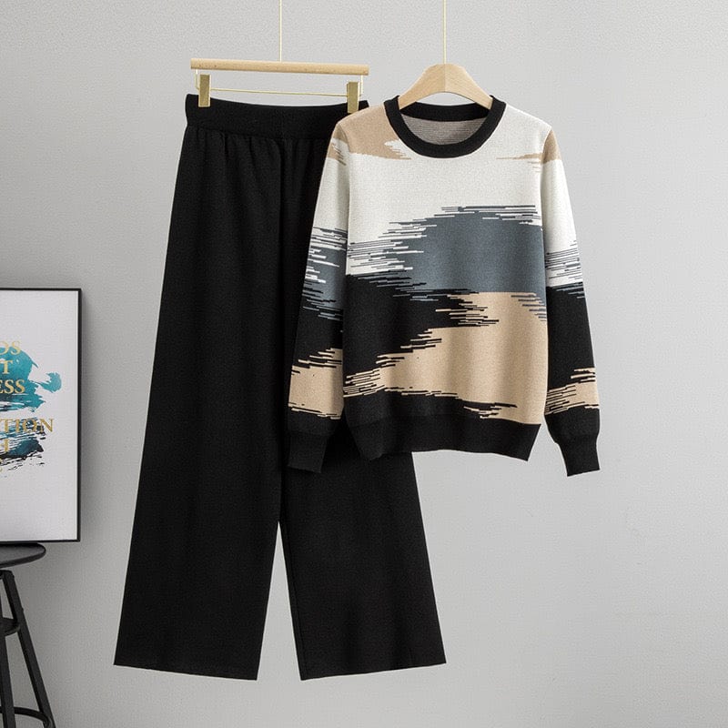 Ensemble motif abstrait pull artistique pantalon coordonné bicolore - créativité moderne sophistiquée - MAX FOR ME Noir / S MAX for ME