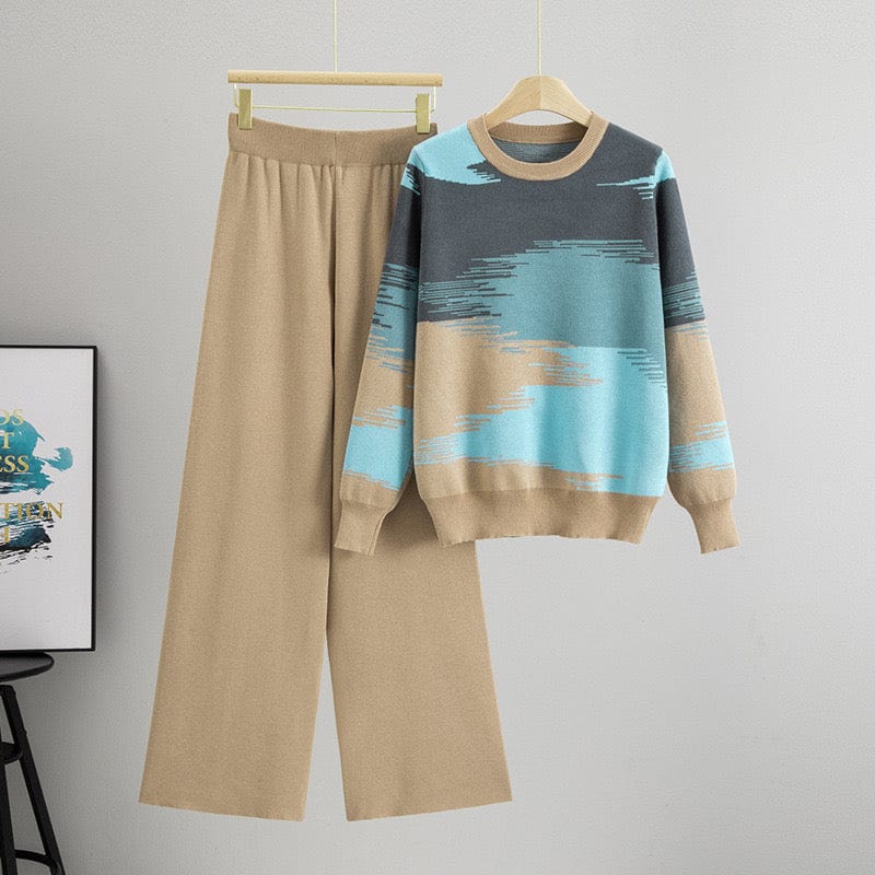 Ensemble motif abstrait pull artistique pantalon coordonné bicolore - créativité moderne sophistiquée - MAX FOR ME Vert doux / S MAX for ME