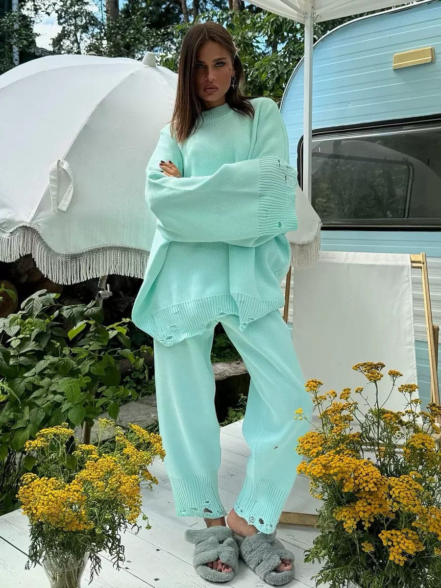 Ensemble pull détails troués pantalon - Style décontracté moderne - MAX FOR ME Vert doux / S MAX for ME