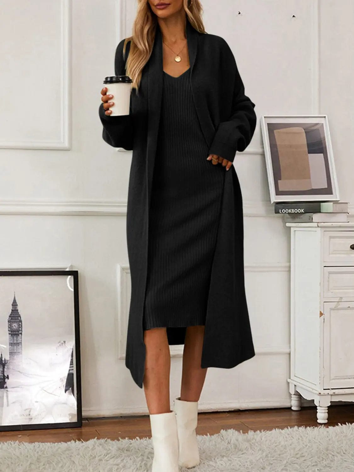 Ensemble robe pull sans manches et cardigan – Confort élégant pour l’automne & hiver Noir Carmin / Taille Unique (S-M-L-XL) MAX FOR ME
