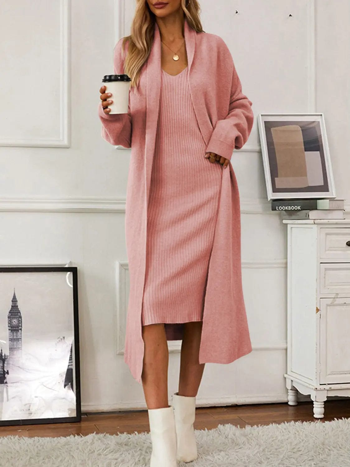 Ensemble robe pull sans manches et cardigan – Confort élégant pour l’automne & hiver Rose Frais / Taille Unique (S-M-L-XL) MAX FOR ME