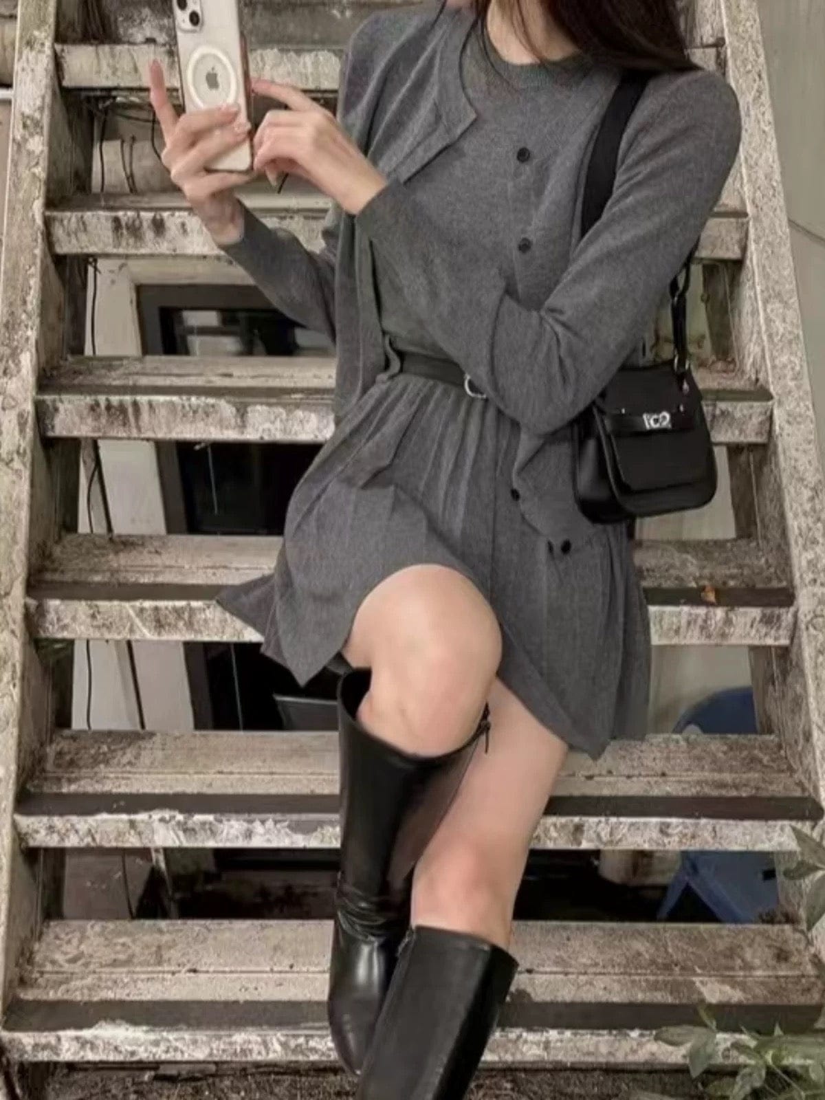 Ensemble robe tricot veste femme style preppy ceinture - tenue complète Gris foncé / S MAX for ME