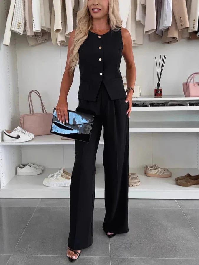 Ensemble tailleur gilet et pantalon large - une allure chic et moderne - MAX FOR ME Noir / S MAX FOR ME