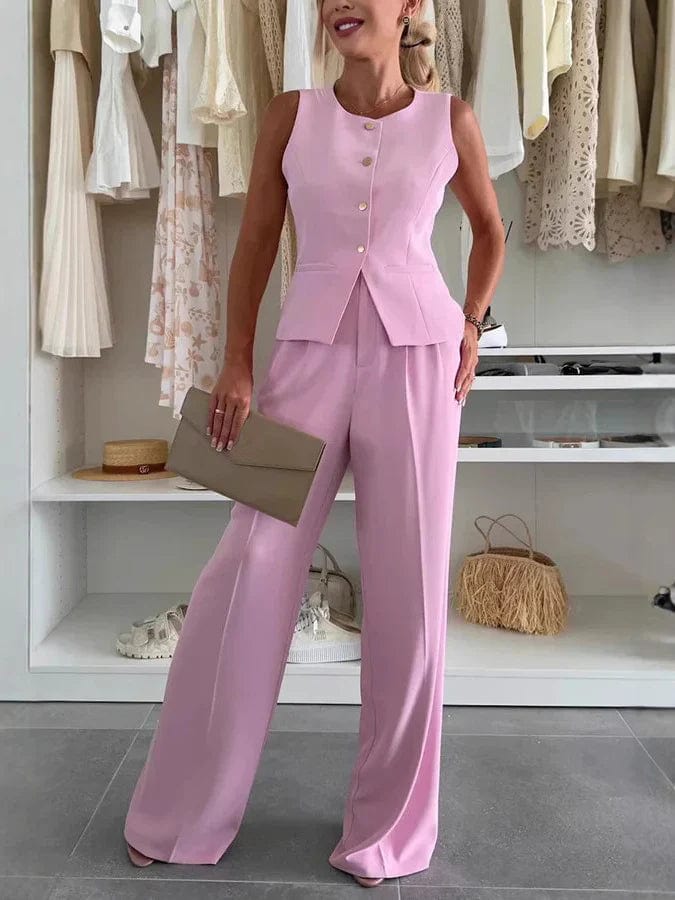 Ensemble tailleur gilet et pantalon large - une allure chic et moderne - MAX FOR ME Rose / S MAX FOR ME