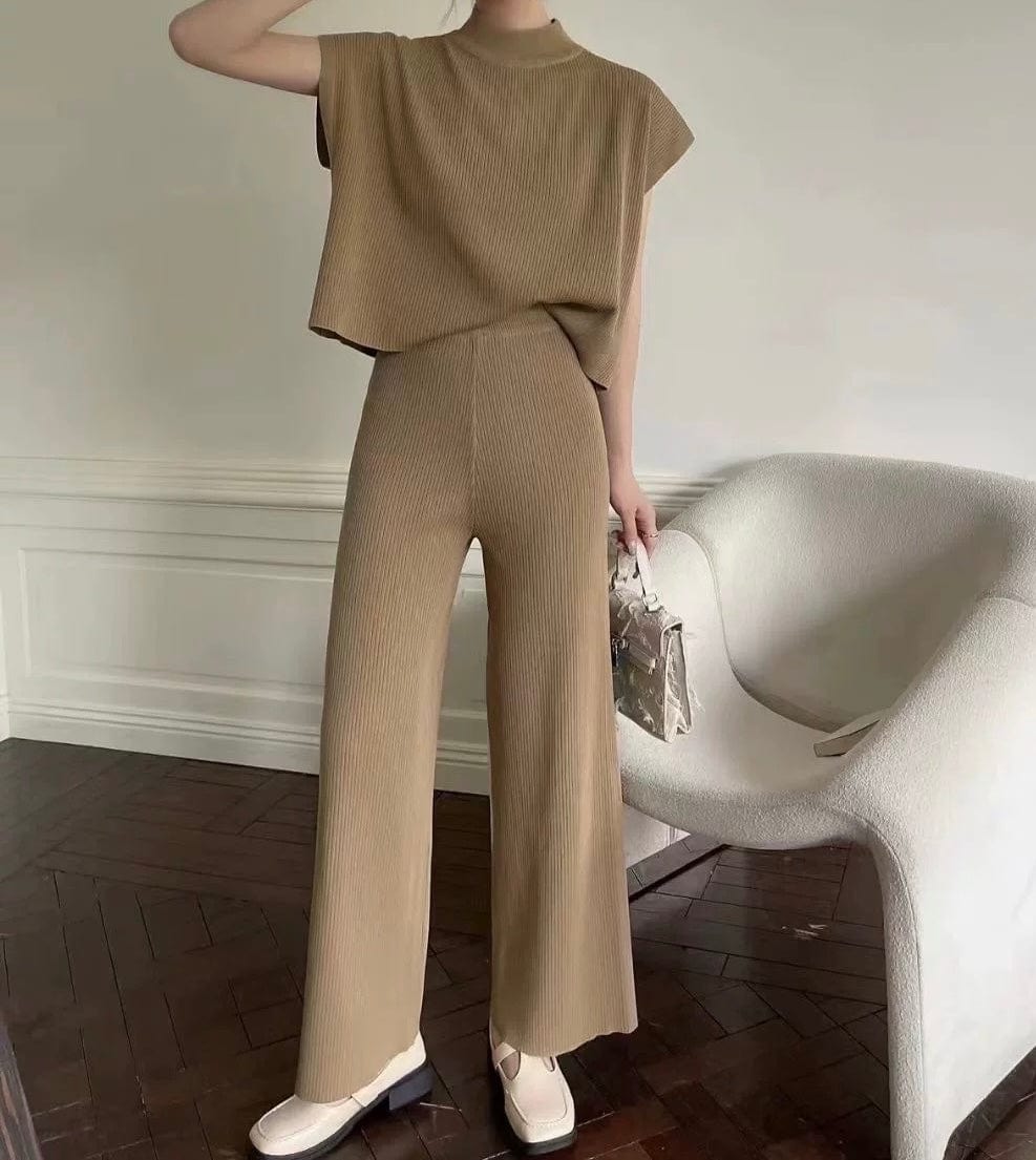 Ensemble taupe été débardeur maille côtelée pantalon large minimaliste - sophistication estivale - MAX FOR ME Beige / S MAX for ME