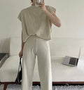 Ensemble taupe été débardeur maille côtelée pantalon large minimaliste - sophistication estivale - MAX FOR ME Blanc Cassé / S MAX for ME