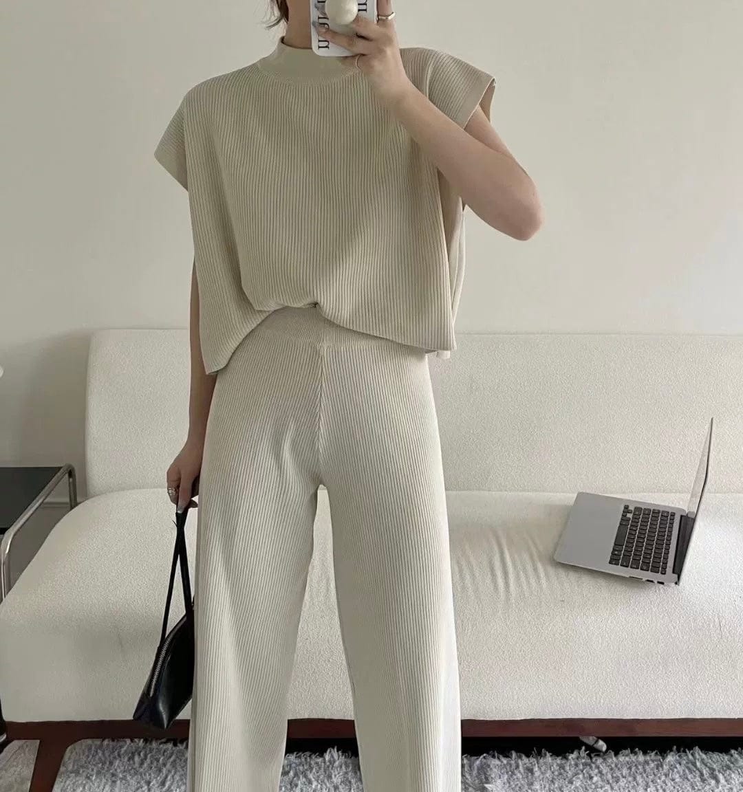 Ensemble taupe été débardeur maille côtelée pantalon large minimaliste - sophistication estivale - MAX FOR ME Blanc Cassé / S MAX for ME