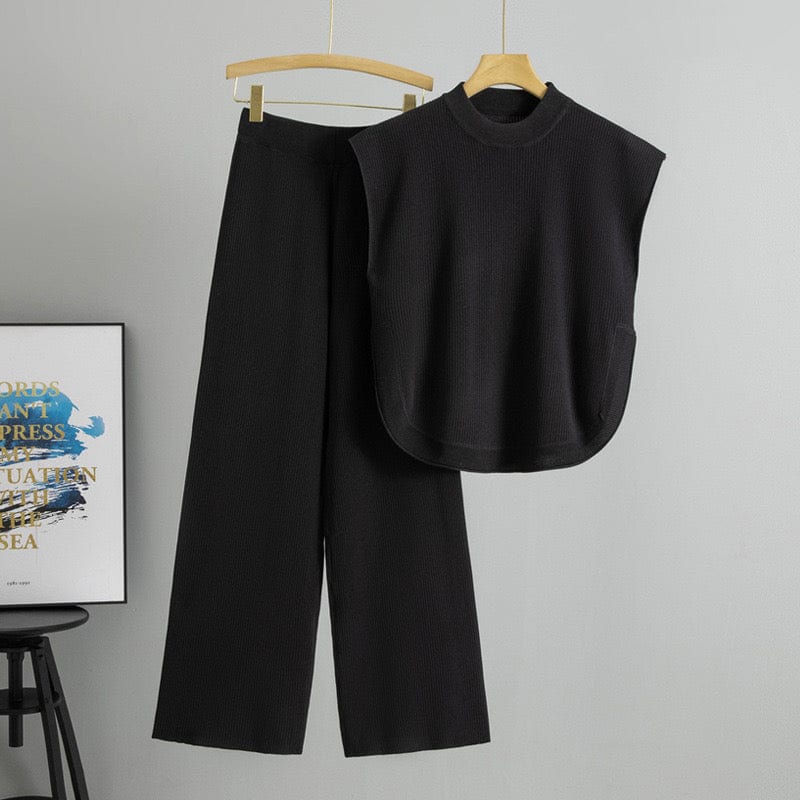 Ensemble taupe été débardeur maille côtelée pantalon large minimaliste - sophistication estivale - MAX FOR ME Noir / S MAX for ME