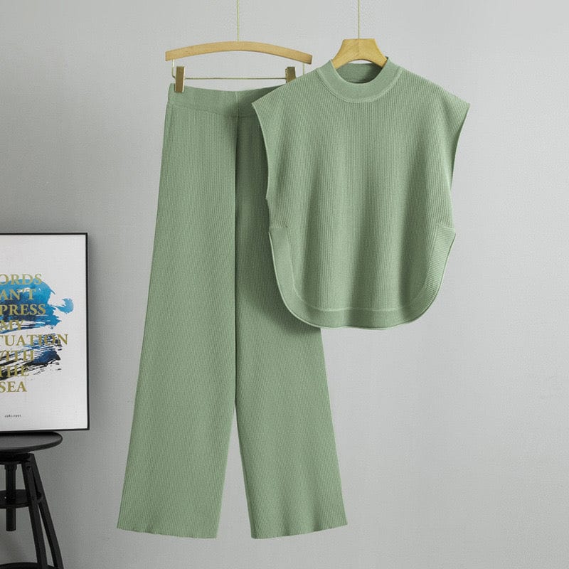 Ensemble taupe été débardeur maille côtelée pantalon large minimaliste - sophistication estivale - MAX FOR ME Vert crème / S MAX for ME