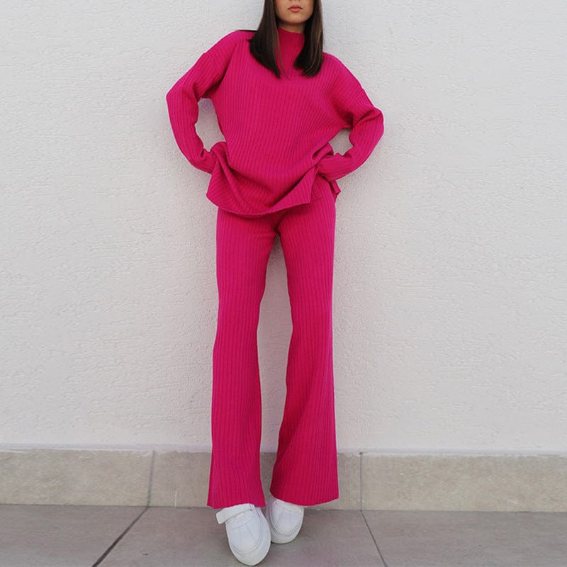 Ensemble tricot noir femme – Deux pièces côtelées col semi-haut coupe décontractée Rose Rouge / S MAX FOR ME