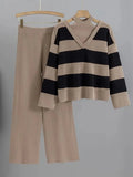 Ensemble tricot rayé femme col montant pantalon côtelé - confort optimal - MAX FOR ME Beige / S MAX for ME