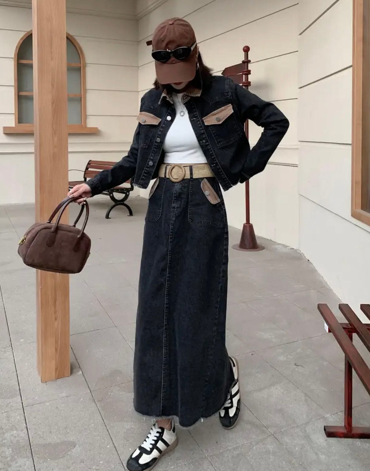 Ensemble veste et jupe en jean avec détails contrastés pour un style urbain moderne MAX for ME