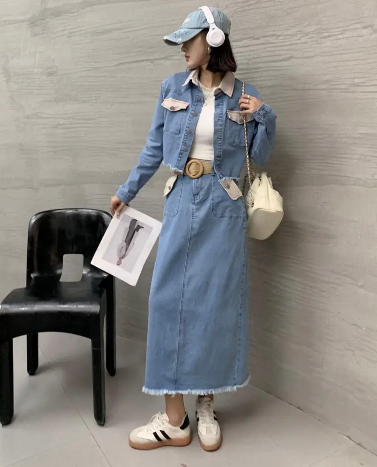 Ensemble veste et jupe en jean avec détails contrastés pour un style urbain moderne MAX for ME