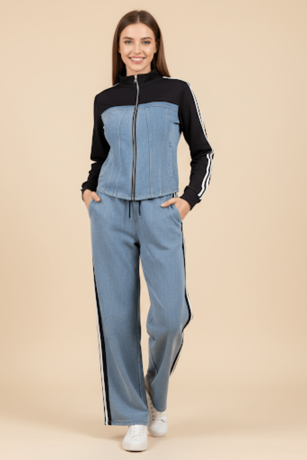 Ensemble veste pantalon femme denim assorti élégance coordonnée MAX for ME