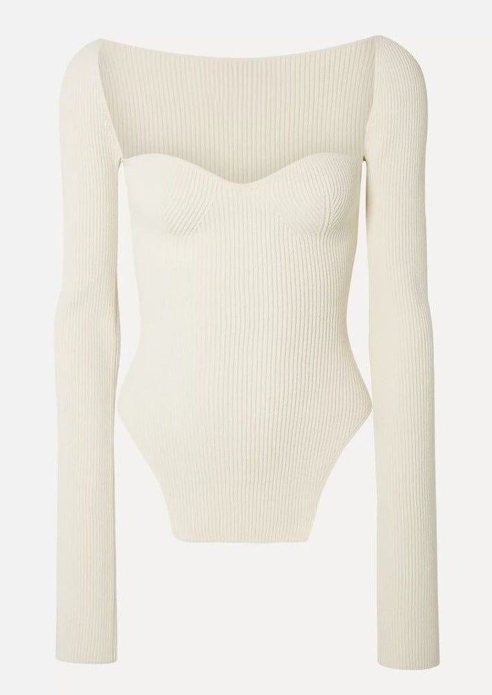 Haut femme manche longue ajusté en maille côtelée – encolure carrée et ourlet asymétrique MAX FOR ME
