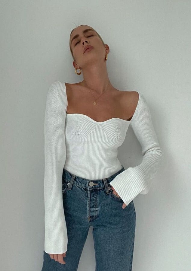 Haut femme manche longue ajusté en maille côtelée – encolure carrée et ourlet asymétrique MAX FOR ME