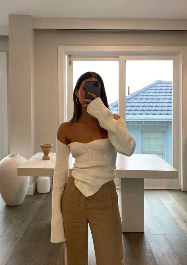 Haut femme manche longue ajusté en maille côtelée – encolure carrée et ourlet asymétrique MAX FOR ME