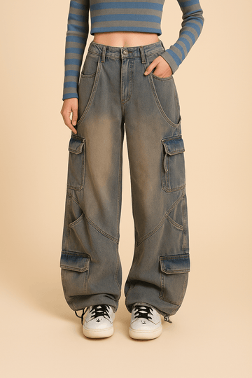 Jean Cargo Large en Denim avec Bretelles Bleu clair / S MAX for ME