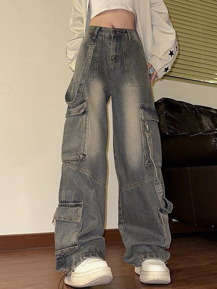 Jean Cargo Large en Denim avec Bretelles Bleu clair / S MAX for ME
