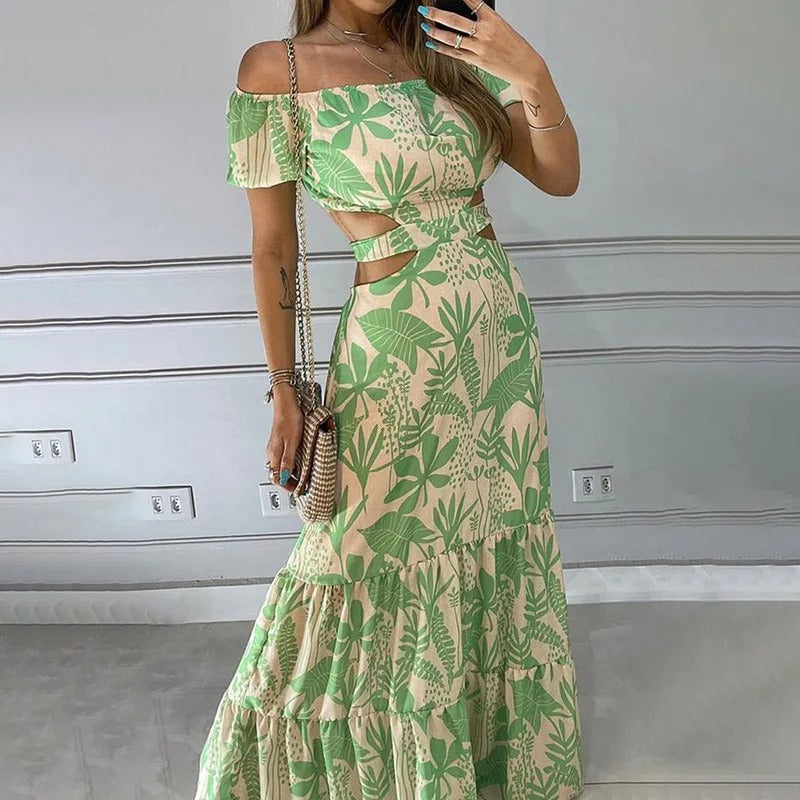 Robe Longue à Épaules Dénudées Imprimé Tropical