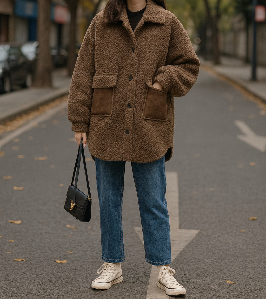 Manteau fausse fourrure oversize marron chic hivernal porté MAX FOR ME