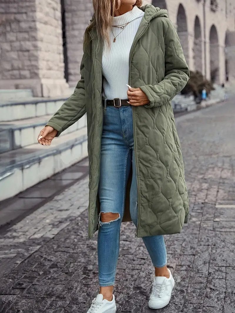 Manteau matelassé pour femme – Coupe décontractée – Capuche – Longueur totale – Fermeture éclair sur le devant Vert / XS MAX FOR ME