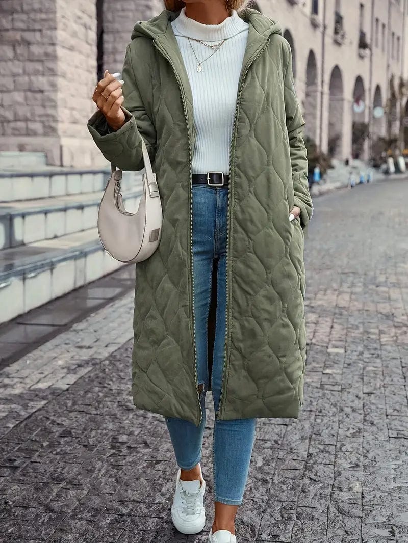 Manteau matelassé pour femme – Coupe décontractée – Capuche – Longueur totale – Fermeture éclair sur le devant Vert / XS MAX FOR ME