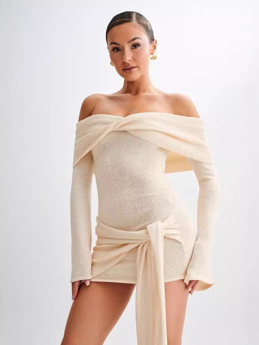 Mini-robe à manches longues évasées, Hors l'épaule Beige / S MAX FOR ME