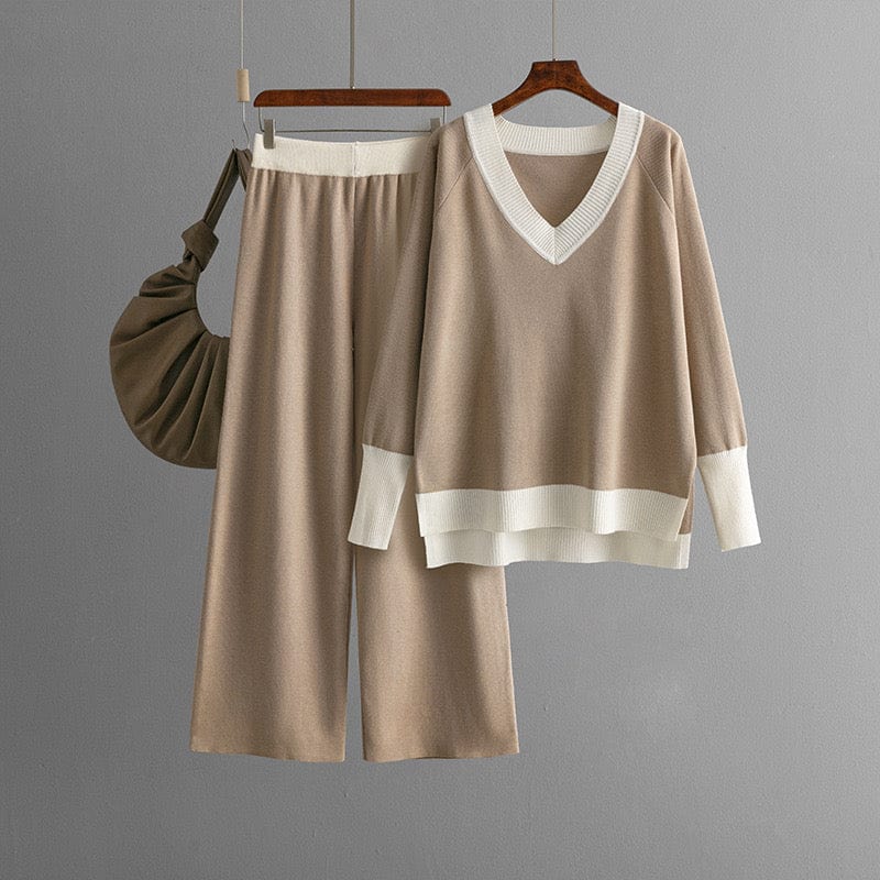 Ok _ Ensemble pull col V et pantalon large bicolore pour un style cocooning chic Beige / S MAX for ME