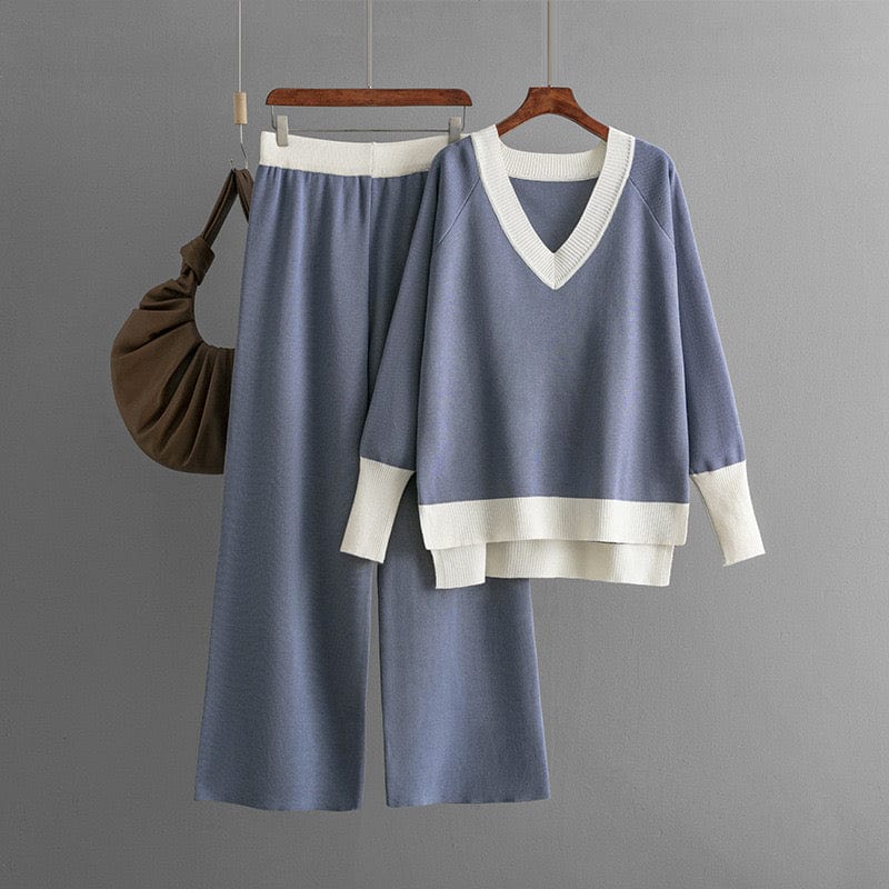 Ok _ Ensemble pull col V et pantalon large bicolore pour un style cocooning chic Bleu clair / S MAX for ME