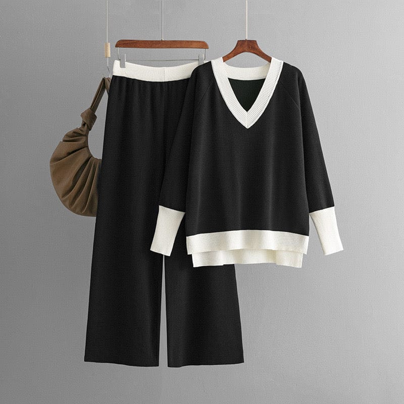 Ok _ Ensemble pull col V et pantalon large bicolore pour un style cocooning chic Noir / S MAX for ME
