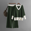 Ok _ Ensemble pull col V et pantalon large bicolore pour un style cocooning chic Vert Kaki / S MAX for ME