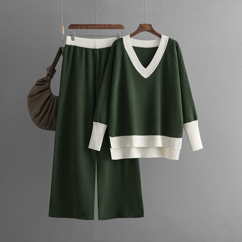 Ok _ Ensemble pull col V et pantalon large bicolore pour un style cocooning chic Vert Kaki / S MAX for ME