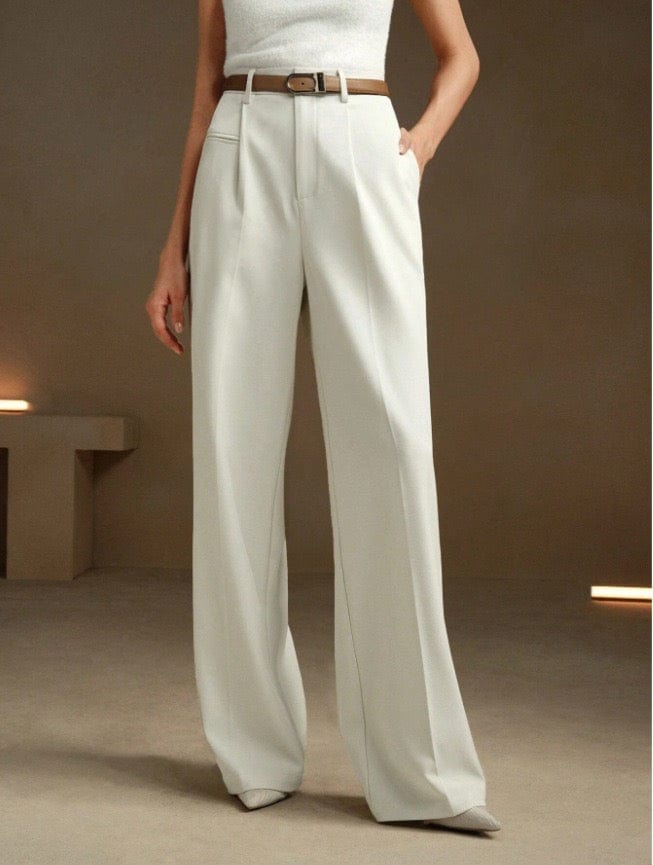 Pantalon femme large laine et Tencel coupe droite élégante Max for Me - Sophistication tailleur moderne Blanc / S MAX for ME