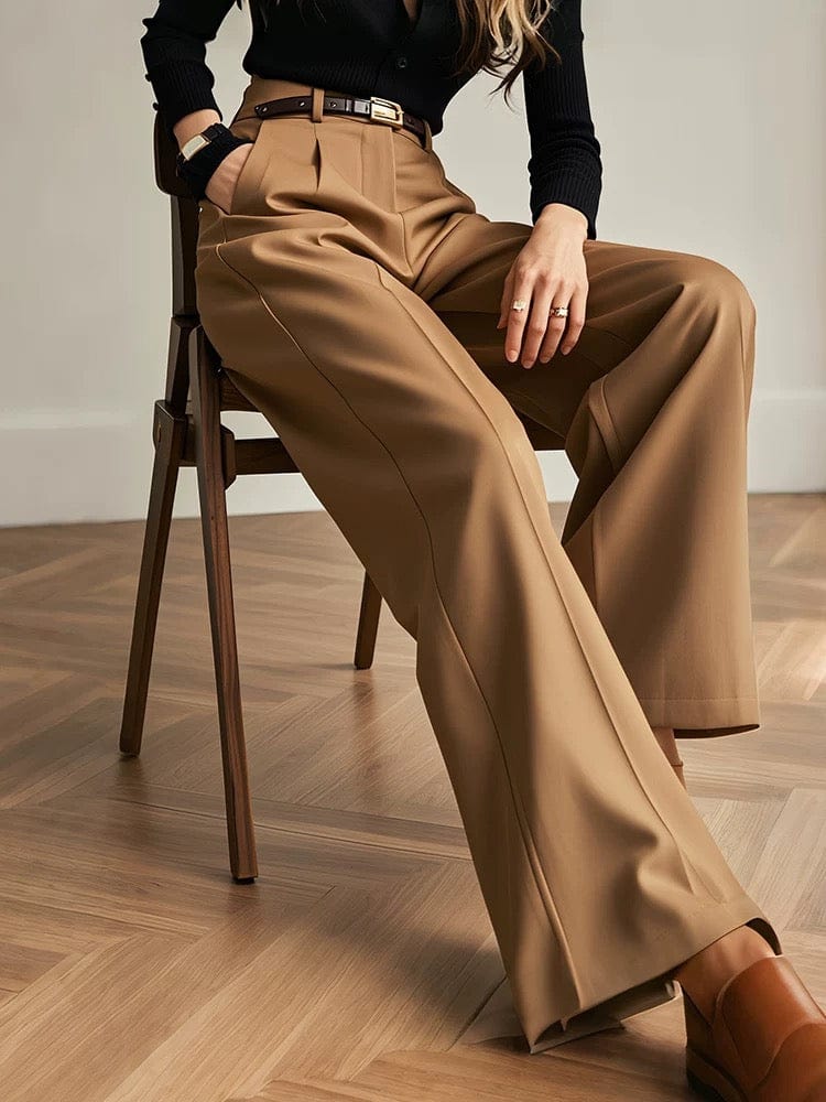Pantalon femme large laine et Tencel coupe droite élégante Max for Me - Sophistication tailleur moderne Kaki / S MAX for ME