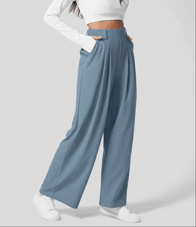 Pantalon femme large taille haute taupe clair chic et moderne Bleu clair / S MAX FOR ME