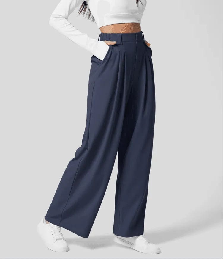 Pantalon femme large taille haute taupe clair chic et moderne Bleu foncé / S MAX FOR ME
