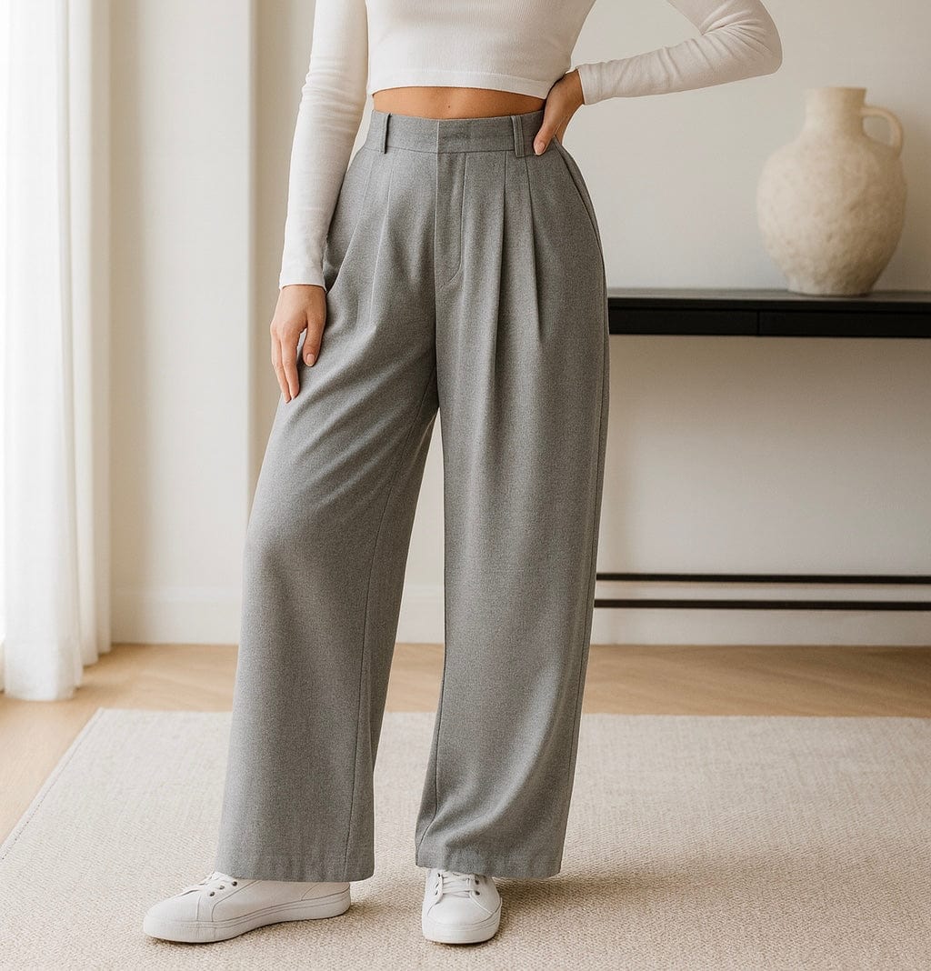 Pantalon femme large taille haute taupe clair chic et moderne Gris foncé / S MAX FOR ME