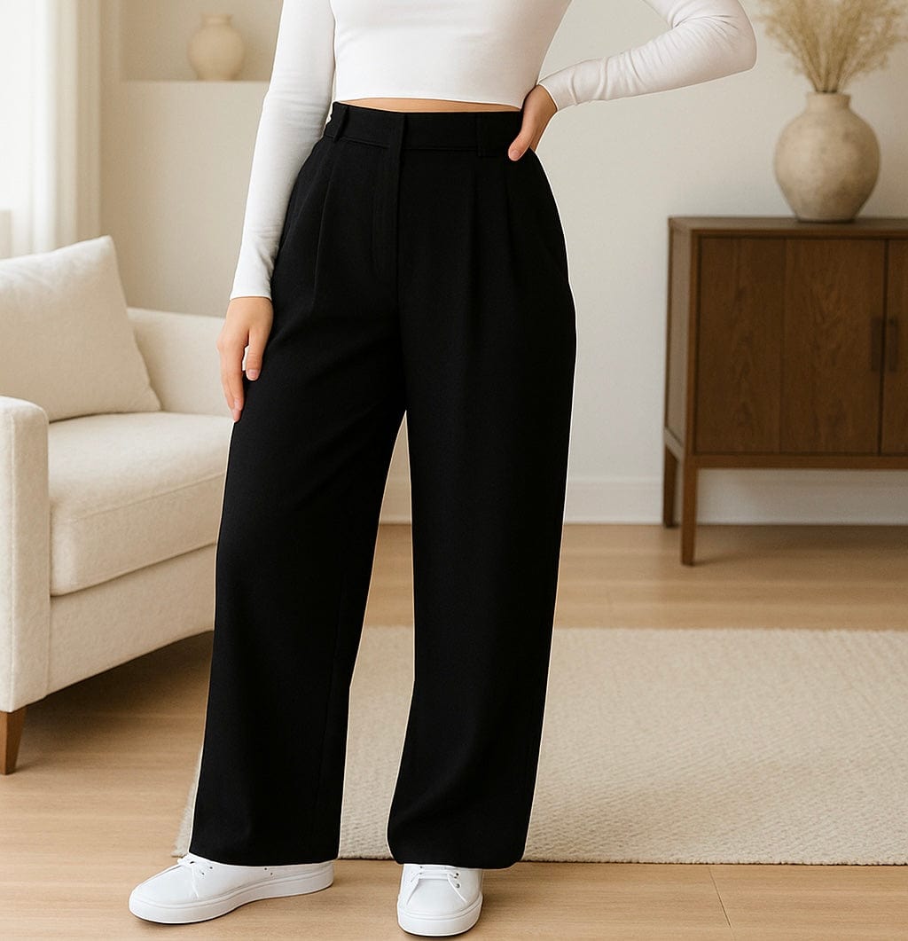 Pantalon femme large taille haute taupe clair chic et moderne Noir / S MAX FOR ME
