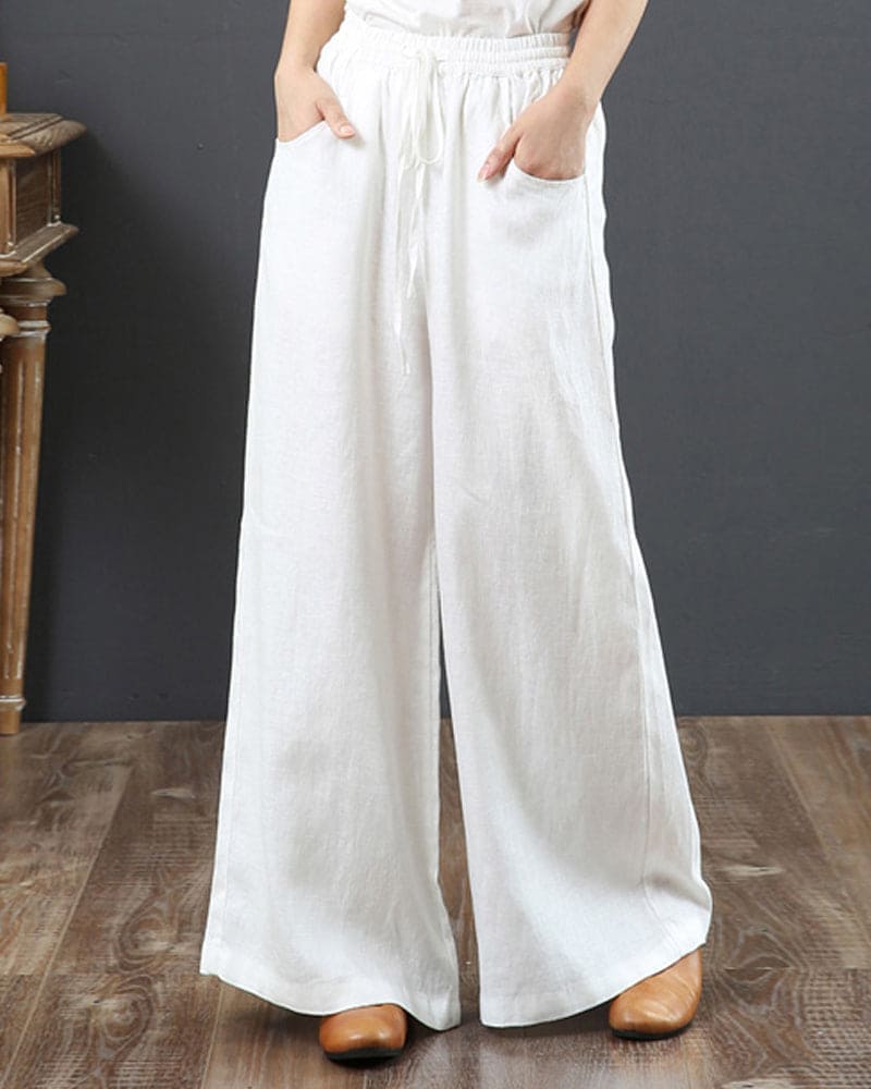 Pantalon large en lin mélangé - confort et élégance naturelle - MAX FOR ME Blanc / S MAX FOR ME