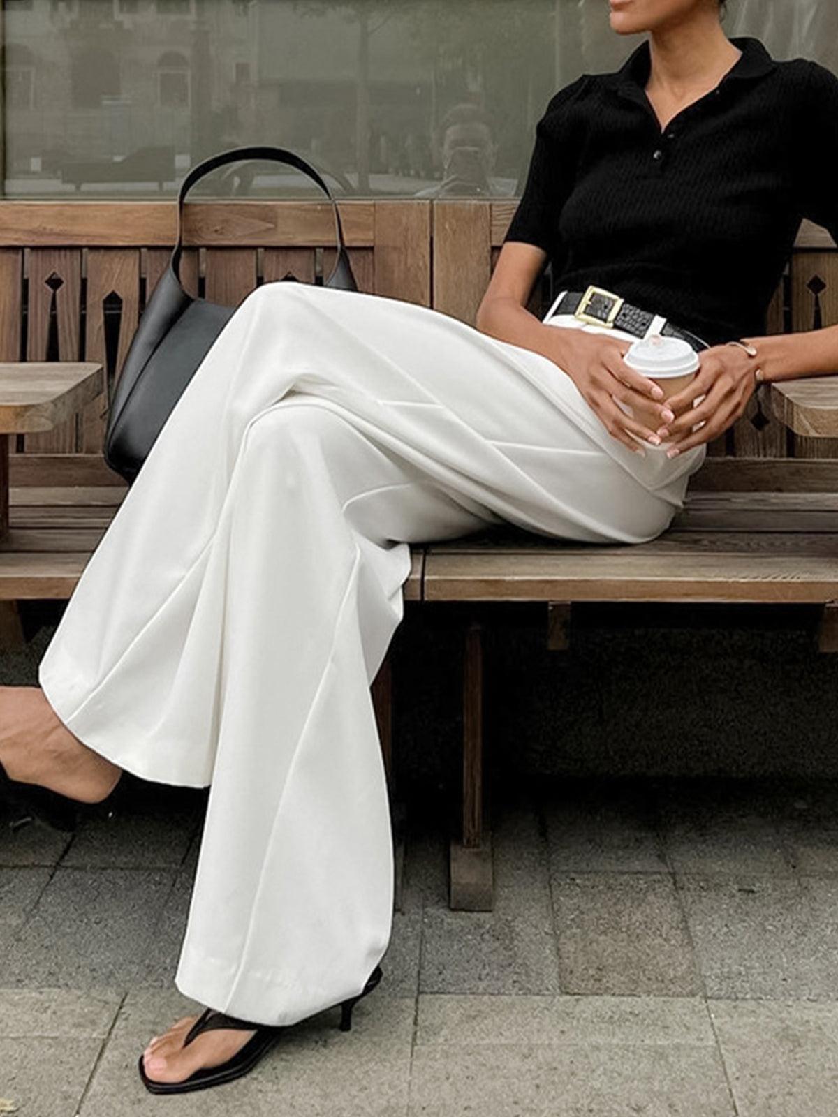 Pantalon large femme taille haute devant plissé coupe ajustée style élégant - MAX FOR ME Blanc / S MAX FOR ME