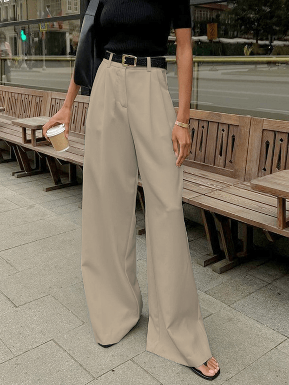 Pantalon large femme taille haute devant plissé coupe ajustée style élégant - MAX FOR ME MAX FOR ME