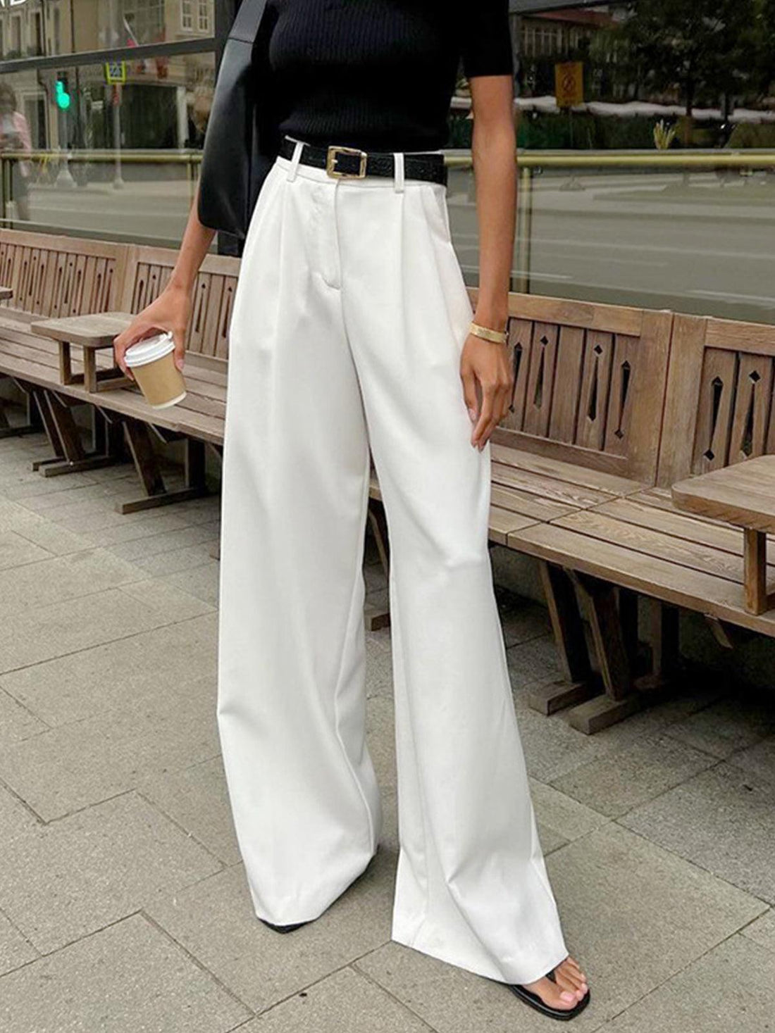 Pantalon large femme taille haute devant plissé coupe ajustée style élégant - MAX FOR ME MAX FOR ME